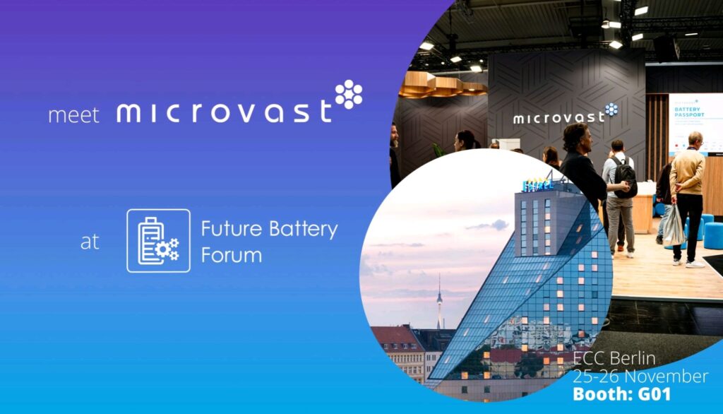 Microvast announces participation in FutureBattery25 Berlin – event banner with text promoting sustainable battery production in Europe